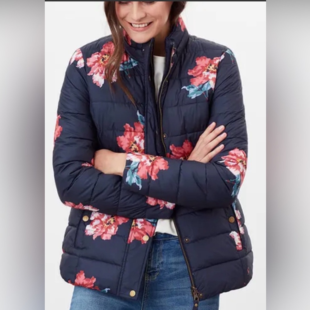Joules Highgrove Quilted Reversible Coat Jacket Floral Women US 6 Navy Full Zip
